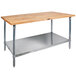 A John Boos wood top work table with a stainless steel base and adjustable undershelf.