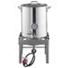 A stainless steel Backyard Pro brewing pot with a hose attached.