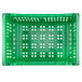 A green plastic Orbis stack-n-nest crate with square holes.