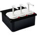 A black plastic container with white pumps and airtight lids for Araven condiment pumps.