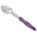 A Vollrath Jacob's Pride heavy-duty solid basting spoon with a purple allergen-free ergo grip handle.
