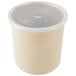 A beige round plastic crock with a lid.