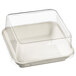 A clear plastic Solia lid for a square container.