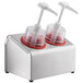 A Steril-Sil stainless steel condiment dispenser kit with red plastic lids.