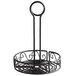 A black wrought iron wire basket with a scroll design handle.