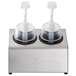 A Steril-Sil stainless steel condiment dispenser with two white pump lids on a stand.