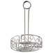 A stainless steel round condiment caddy with a scroll design on the handle.