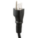 A black electrical plug with silver tips on a black power cord.