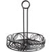 A black wire basket with a wrought iron leaf design handle.