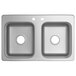 A Waterloo stainless steel double bowl drop-in sink with two holes in a counter.