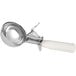 A silver Carlisle #10 ice cream scoop with a white handle.