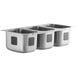 A row of silver Waterloo stainless steel sink bowls, each with three compartments.