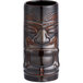 A close up of a black and brown ceramic Tuxton Tiki Mug with a face on it.