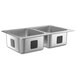 A silver double Waterloo stainless steel drop-in sink with two compartments.
