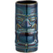 A close-up of a blue ceramic Tuxton Tiki mug with a gold face.