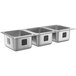 A Waterloo stainless steel drop-in sink with three compartments.