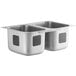 A silver 18 gauge stainless steel double sink with two compartments.