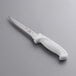 A Choice narrow stiff boning knife with a white handle.