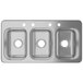 A silver stainless steel Waterloo three compartment drop-in sink with three holes.