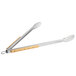 Outset stainless steel tongs with grooved bamboo handles.