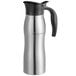 A silver stainless steel coffee carafe with a black handle.