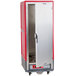 A red and silver Metro C5 heated holding cabinet with a door open.