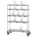 A Metro chrome wire take-out shelving station with wheels.