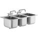 A Regency stainless steel drop-in sink with three compartments and two swing faucets.