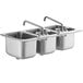 A Regency stainless steel drop-in sink with three compartments and two swing faucets.