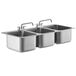 A stainless steel Regency three compartment drop-in sink with faucets.