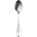 A silver Delco Rhodes 18/0 stainless steel dessert spoon with a handle.