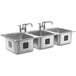 A Waterloo stainless steel drop-in sink with three compartments and two swing faucets.