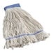 A close-up of a Lavex Natural Cotton Looped End Wet Mop Head with a white headband.