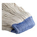 A close-up of a Lavex natural cotton looped end wet mop head with a blue and white string.