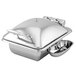 A silver stainless steel rectangle chafer with a metal lid.