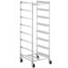 A silver metal Steelton glass rack cart with shelves and wheels.