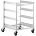 A Regency aluminum glass rack cart with four shelves and black wheels.