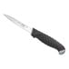 A Schraf serrated paring knife with a black handle and silver blade.