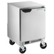 A silver Beverage-Air undercounter freezer with wheels.