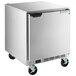 A silver stainless steel Beverage-Air undercounter freezer on wheels.