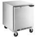 A silver stainless steel Beverage-Air undercounter refrigerator with wheels and a left-hinged door.