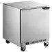 A silver Beverage-Air undercounter freezer with wheels and a left-hinged door.