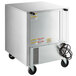A silver rectangular Beverage-Air undercounter freezer with glass doors and wheels.