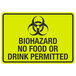 A yellow sign with black text and a biohazard symbol reading "Biohazard / No Food Or Drink Permitted"