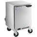 A stainless steel Beverage-Air undercounter freezer with wheels.