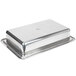 A silver rectangular stainless steel water pan with a lid.
