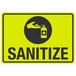 A yellow and black sign with a hand and a bottle of sanitizer and the word "Sanitize" in black text.
