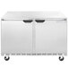 A stainless steel Beverage-Air undercounter refrigerator / freezer with two doors.