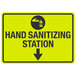 A yellow and black sign with black text and a black arrow that says "Hand Sanitizing Station" with a hand and bottle symbol.