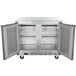 A stainless steel Beverage-Air undercounter freezer with two doors.